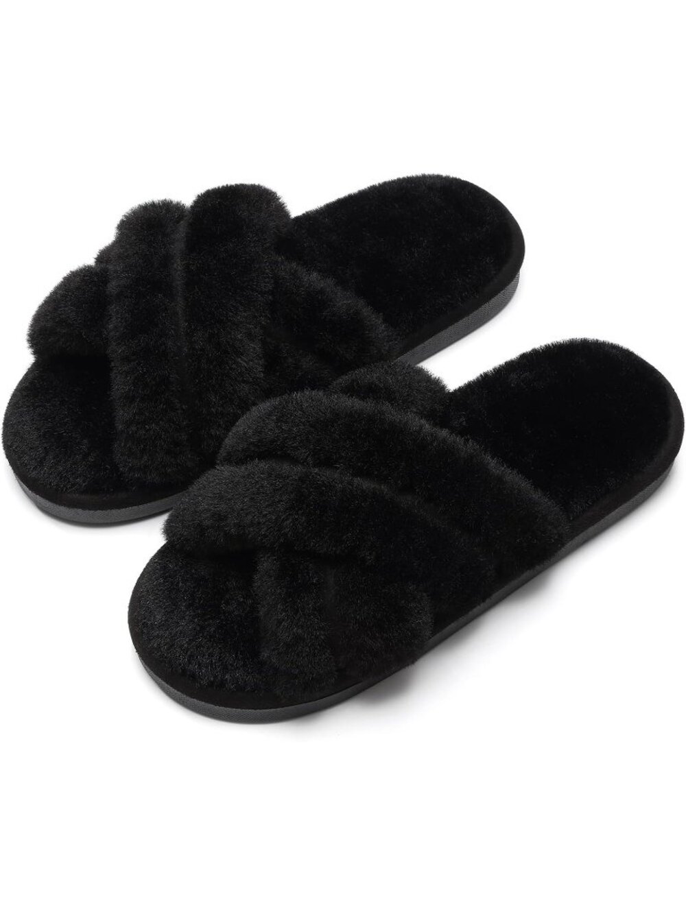 Womens Black Faux Fur Memory Foam Fuzzy House Slippers Soft Open-Toe Slippers